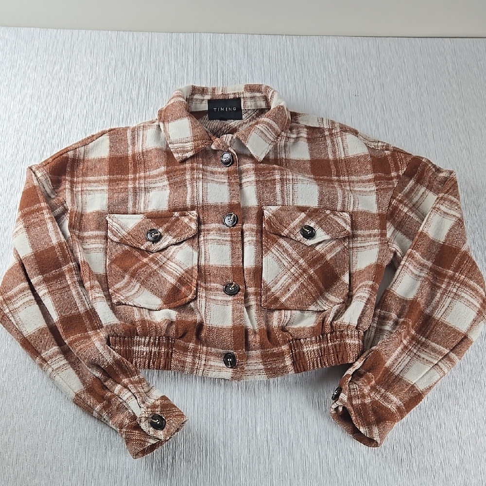 TIMING Plaid Cropped Shacket Jacket‎ Womens S Brown White Casual Outerwear